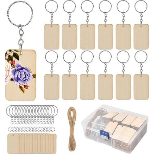 New 80Pcs Blank Rectangle-Shaped Wooden Keychain Set, 80Pcs Key Rings and Hemp Rope Keychain DIY Keychain Supplies for Craft