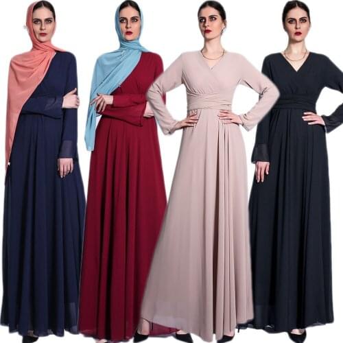 Muslim Women Elegant Party Evening Long Dress Chiffon Maxi Robe Solid Color Kaftan Dubai Arab Abaya V-neck Fashion Turkish Islam
