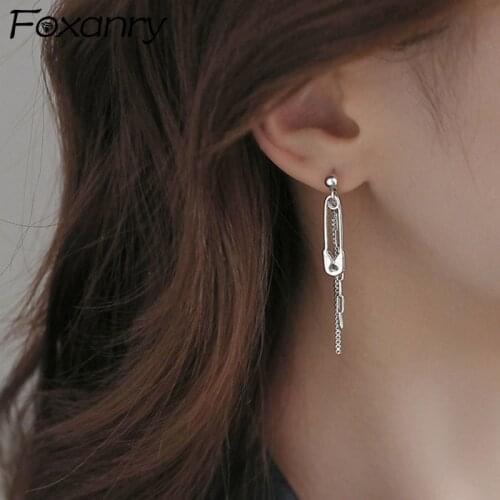 FOXANRY Prevent Allergy 925 Sterling Silver Drop Earrings Fashion Vintage Hip Hop Simple Couples Pin Tassel Design Party Jewelry