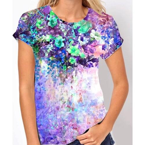 New Beautiful scenery gradient female T-shirt 2021 summer short sleeve Mrs. 3d Butterfly/flower tops Cotton blend O-neck Tees