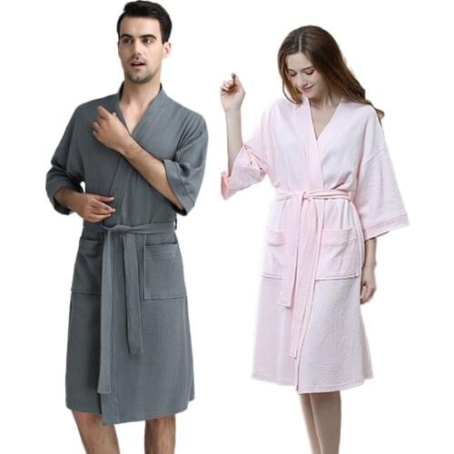 100% Cotton Plus Size Waffle Kimono Bath Robe Men Towel Suck Sweat Knee Length Bathrobe Male Summer Sexy Dressing Gown for Women