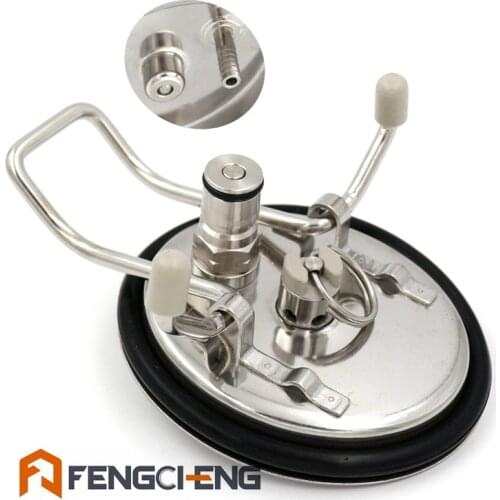 Carbonation Lid with hose barb, Cornelius Style ,Brand New, in-built Ball Lock Gas Disconnect, Homebrew Kegging