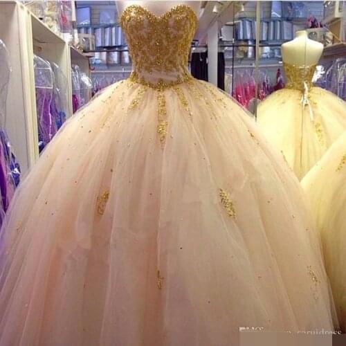 Sweetheart Quinceanera Dresses Gold Beading Appliques Floor Length Ball Gown Sweet 16 years Party prom dress vestidos de 15 anos
