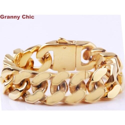 Granny Chic Mens Jewelry Hip Hop Fashion Bling Gold Tone Stainless Steel Curb Cuban Heavy Wide Bracelet 20mm 8.46"