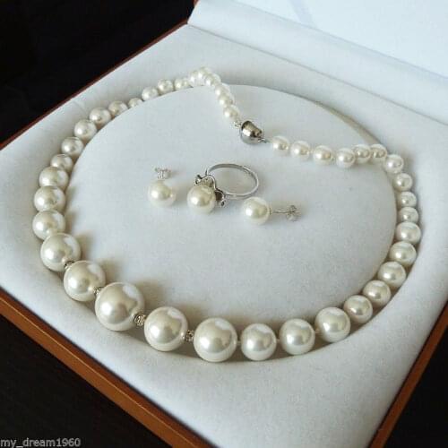 Wholesale good Hot 8mm-16mm White south sea shell pearl ring earring and necklace set jewelry