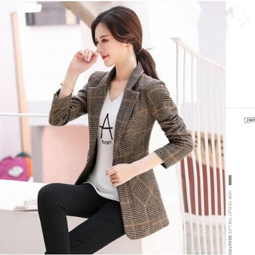 Autumn WInter Vintage Women Plaid Suit Woolen Jacket Ladies Slim Casual Wool Blazer Single Breastered Coat