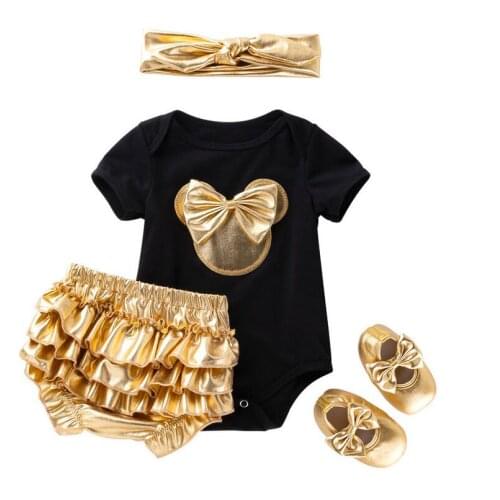 Baby Girls Black White Cartoon Bling Party Dress Romper Golden Wrinkle Pants 1st Birthday Outfit Infant Girl Bow Headband Shoes