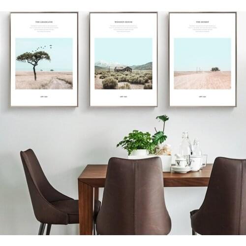 Nordic Desert Prairie Tree Wooden House Mountain Grass Scenery Canvas Painting Wall Picture Print Poster Living Room Decoration