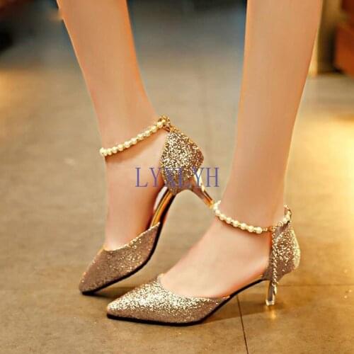 Sexy Pointed toe Pearl High heels shoes Female Fashion hollow with Sandals Paillette of the Thin Breathable shoes Women Pumps