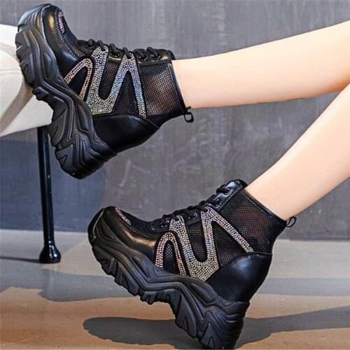 Party Shoes Fashion Sneakers Womens Summer Cow Leather Ankle Boots Platform Wedge High Heels Rhinestone Sandals Round Toe Shoes