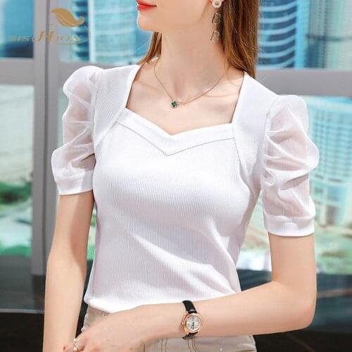 SISHION Solid Color Black Blue White T Shirt Blouses VD2100 Short Sleeve Square Neck Vintage Tops Tee Shirt Femme