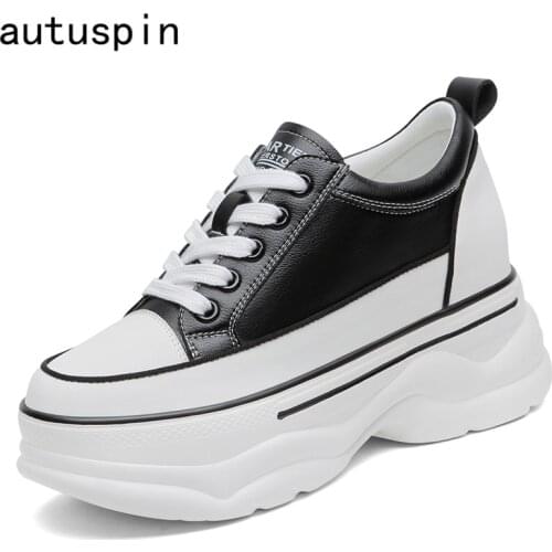 Autuspin Concise Women Flat Platform Shoes Fashion Black White Genuine Leather Casual Shoes Lady Outdoor Lace Up Round Toe Flats