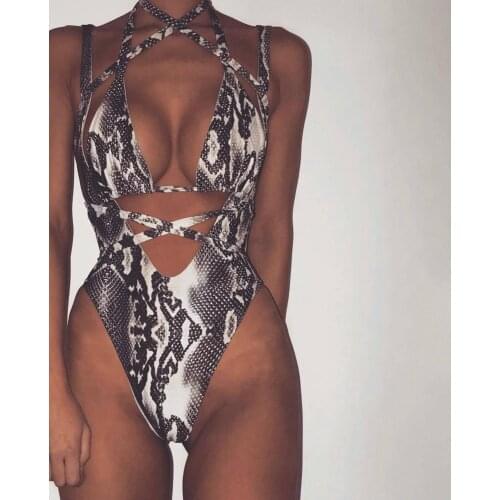 Women Sexy Print Leopard Snakeskin Strap Split Bathing Suits Beach Wear Swimsuit