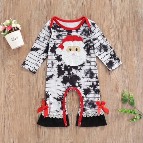 Christmas Baby Clothing Newborn Kid Girl Casual Long Sleeve Jumpsuit Cartoon Christmas Tie-dye Print Lace Trim Xmas Romper