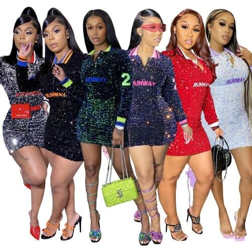 Echoine Sequin Embroidery Letter Mini Dress Ladies Luxurious Party Night Club Dresses Polo Neck Sexy Skinny Bodycon Satin New