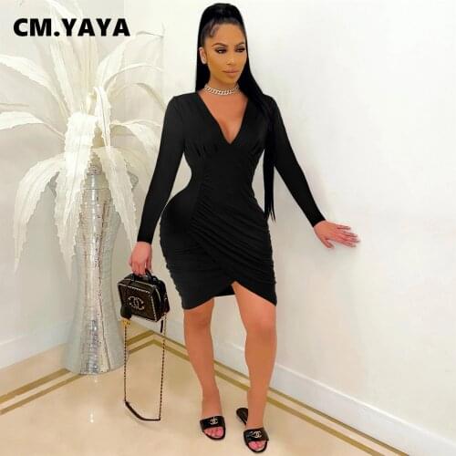 CM.YAYA Women Mini Dress Solid Stacked Cleavage Skinny Dresses Sexy Night Club Praty Vestidos Fashion Streetwear Autumn Outfits