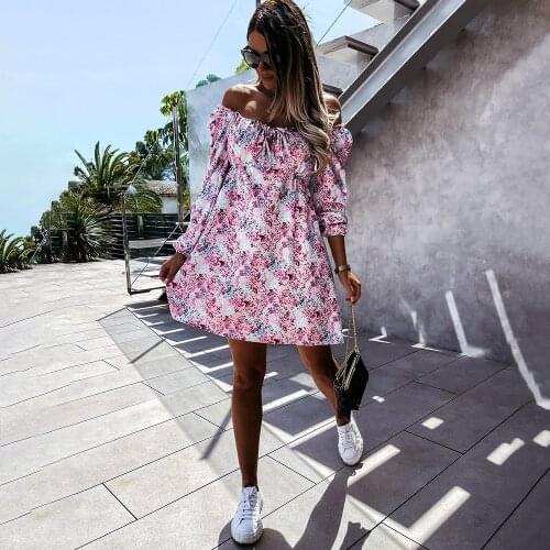 2021 Autumn Fashion Elegant Boho Pringt Mini Dress Women Off Shoulder Belted Romantic Vacation Beach Casual Floral Dress Ladies