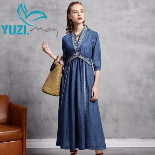 Woman Dress 2020 Yuzi.may Boho New Denim Women Dresses Vi-Neck Vintage Embroidery Elastic Back High Waist Vestidos A82253
