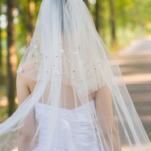 ZMV37 Best Selling Double Layer Wedding Veil White Ivory Beaded String Flowers Bride Tulle with Hair Comb Cathedral Veil Bride