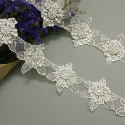 1 yard White Polyester Pearl 3D Flowers Embroidered African Lace Trim Ribbon Fabric Handmade Sewing Craft For Hat Decoration