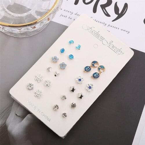 M2EA 12 Pairs/Set Cute Multiple Piercing Stud Earrings Moon Star Planet Snowflake Rhinestone Jewelry Alloy Statement for Teen
