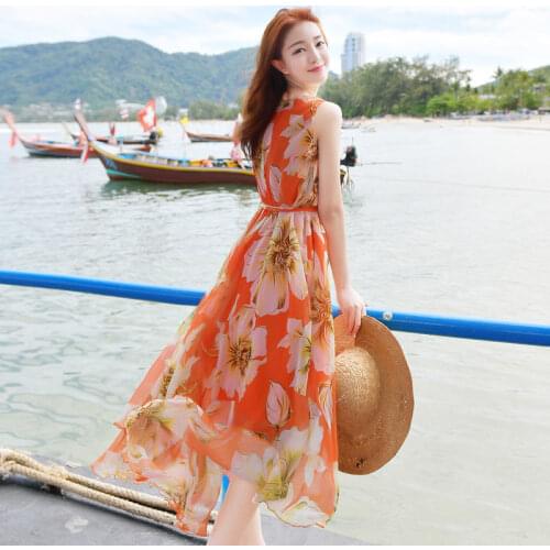 2021 Summer Women Sleeveless Print Long Dress Chiffon Beach Vintage Maxi Dresses Boho Casual V Neck Sundress Vestidos Y664