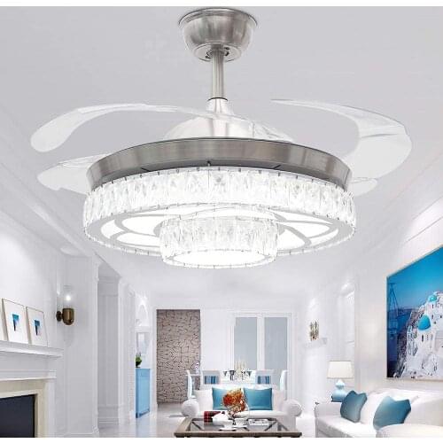 42 Inch Invisible Crystal Ceiling Fans with LED Light and Remote, Indoor Ceiling Light with 4 Retractable ABS Blades Fans