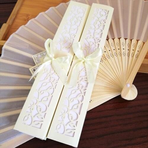50pcs/Lot Personalized Bride & Grooms name & Wedding date Silk Hand Fan with Luxury Laser-Cut Gift Box + card