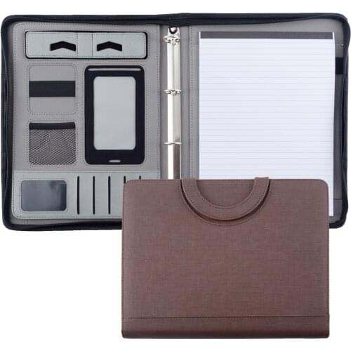 A4 Document Folder Organizer PU Leather Zipper Ring Binder Conference Bag Business Briefcase Padfolio Portfolio with Handle