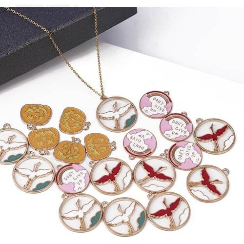 BULK 10 Round Charm Flying Crane/Pumpkin/Crane Bird Pendant Beads Charm Enamelled Metal Pink Map Charms for Jewelry Making #F3D