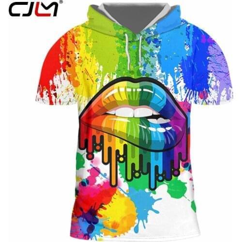 CJLM Summer Mens Full Printing Fashion Color Gorgeous Mouth 3D T Shirt Print Style Fitness Casual Hooded Tshirt