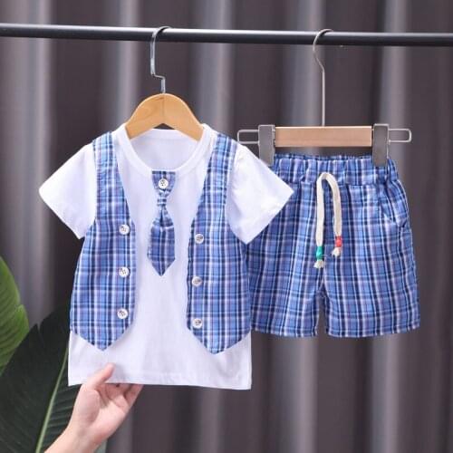 Hot 2021 New Summer Children Casual Clothing Suit Baby Boys Girls Patchwork Plaid gentleman Shirt Shorts 2Pcs/Sets Kids Infant