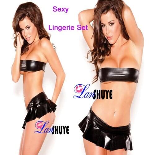 Hot Women Faux Leather Latex Lingerie Set Black Wrapped Chest Underwear&Mini Short Dress Set Fetish Erotic Lingerie Intimates