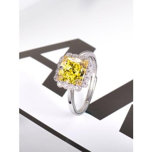 100% 925 Sterling Silver Sparkling Square Yellow Zircon Diamond Rings ，Wedding Rings For Women， Luxury Jewelry Ring