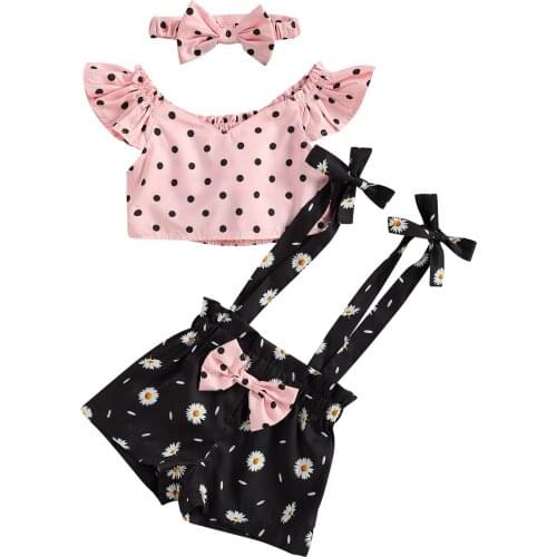 Three Piece Children Kids Girls Outfits Fly Sleeve V Neck T-shirt Suspender Shorts/Skirt Headband Infant Toddler Sets 12M-5T