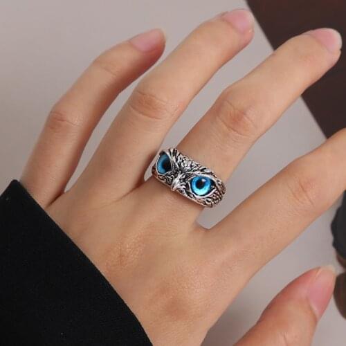 2021 New Simple Retro Personality Creative Blue Eyes Owl Opening Adjustable Joint Ring Fashion Metal Unisex Ring
