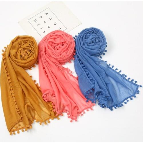 New Plain Cotton Pom Scarf Solid Color Hijab Tassel Ball Scarves Muslim Women Long Shawls Wraps Fashion Female Headband 180*80cm