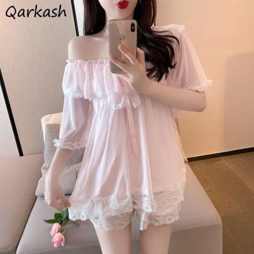 Pajama Sets Women Korean Kawaii Simple Lace Female Fashion Chic Soft Ulzzang Nightwear Basic V-neck Summer Girls Thin Clothing