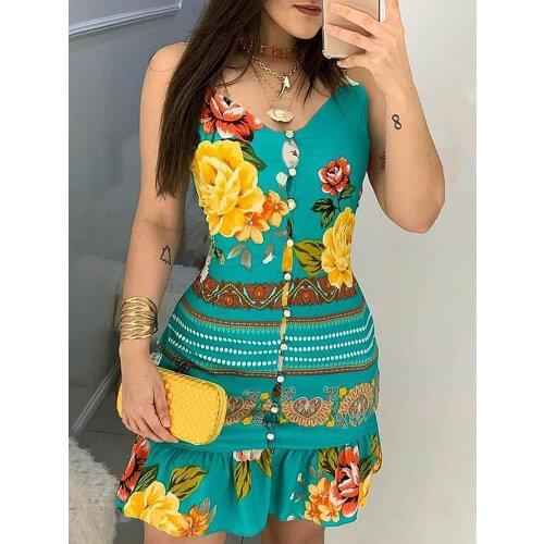 V-neck Bottoned Design Print Dress