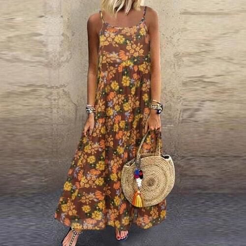 ZANZEA Summer Spaghetti Strap Floral Printed Dress Bohemian Sundress Women Casual Beach Party Kaftan Ruffles Vestido Robe Femme