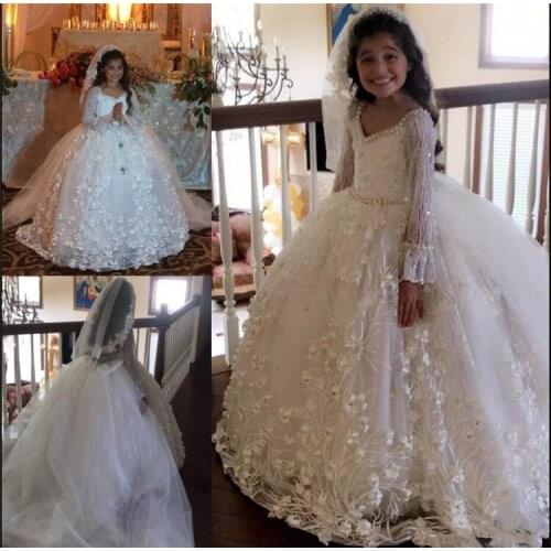 Luxury Flower Girl Dress for Wedding Floral Appliques Pears Waist Cute Girls Birthday Gowns Puffy Princess Ball Gowns Custom