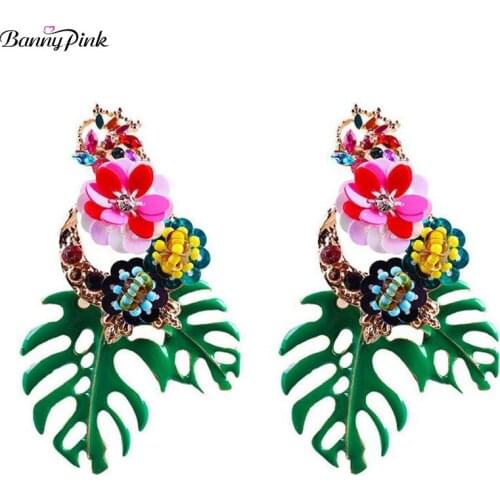 Banny Pink 7 Colors Enamel Leaf Pendant Earrings Large Cloth Flower Statement Studs Earrings New Brand Long Earrings Pendientes