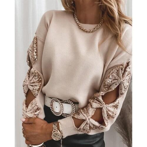 Sequins Bowknot Cut-out Long Sleeve Sweaters Womens 2021 Spring Fashion Round Neck Pullovers Cold Shoulder Elegant Knitted Tops