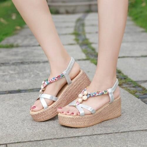 2020 Summer Women Wedges Sandals Platform Shoes Woman Open Toe Sandal String Bead Female Fashion High Heels Casual Gold Shoes