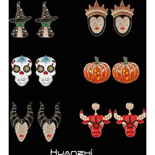HUANZHI 2021 New Halloween Dripping Oil Zircon Pearl Pumpkin Skeleton Witch Stud Earrings for Women Girls Party Travel Jewelry