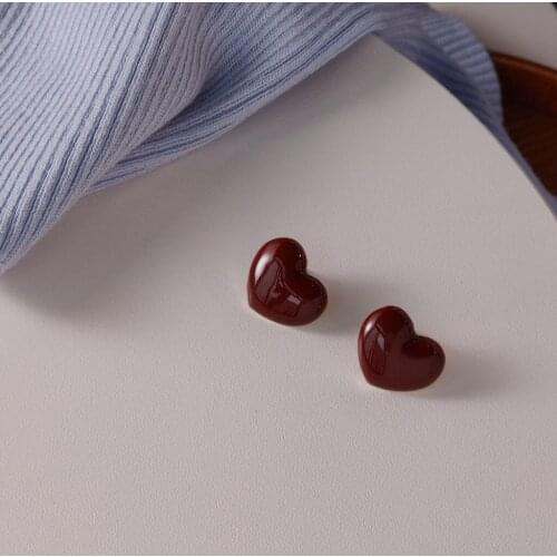 925 Silver Needle Plated 14K Drop Glaze Burgundy Heart Shape Gift To Girlfriend Ear Piercing Stud Earrings Paired Things