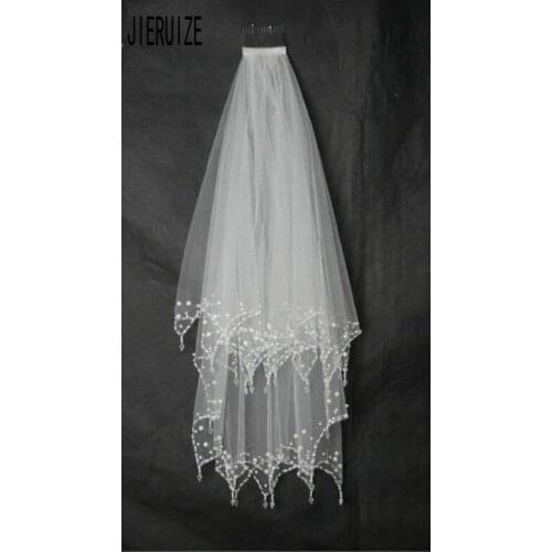 JIERUIZE In Stock Wedding Veils Sequin Luxury Bridal Veils Appliques Pearl Edge White Two Layers Custom Made Short Wedding Veil