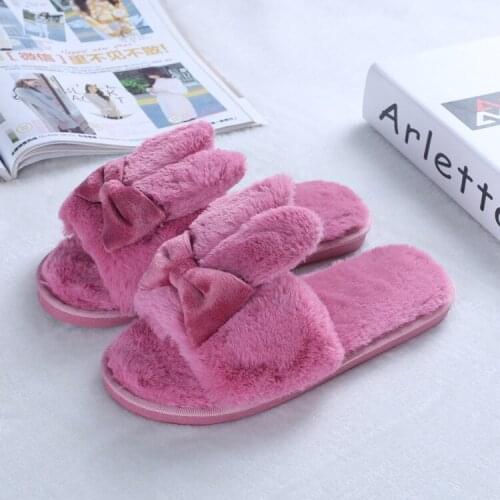 2020 Autumn Winter Bedroom Slippers Luxury Women Indoor Plush Warm Comfortable Flat Heel Shoes Home Rabbit Flats Slip Resistance