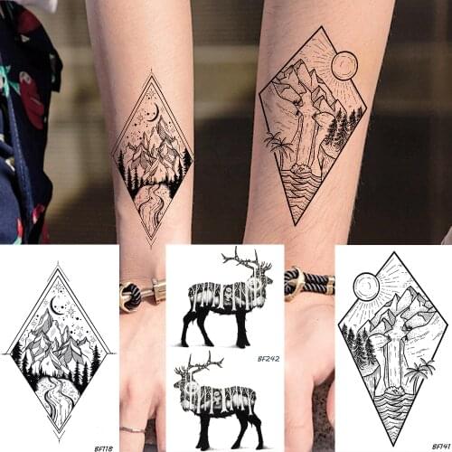 Baofuli Peak Mountain Temporary Tattoo Fake Black Elk Tattoos Sticker Geometric Forest Tree River Body Arm Tatoos Women Men