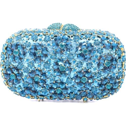 Women Flower Evening bag light blue Crystal diamond chain Clutch bags Diamond small coin Purse Wallet shoulder bag For Bridal